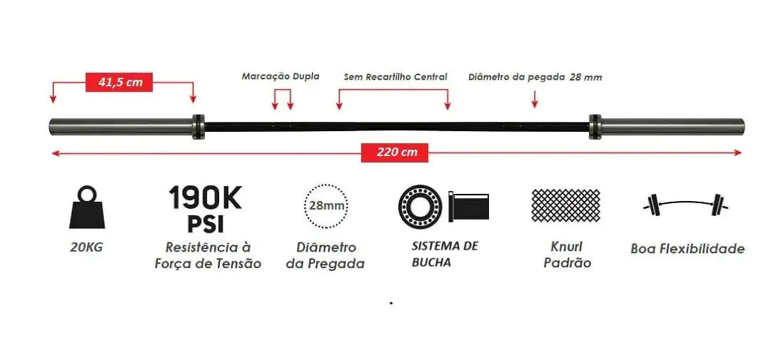 Barra Olímpica Feminina 15 kg 4 Rolamentos 201 cm