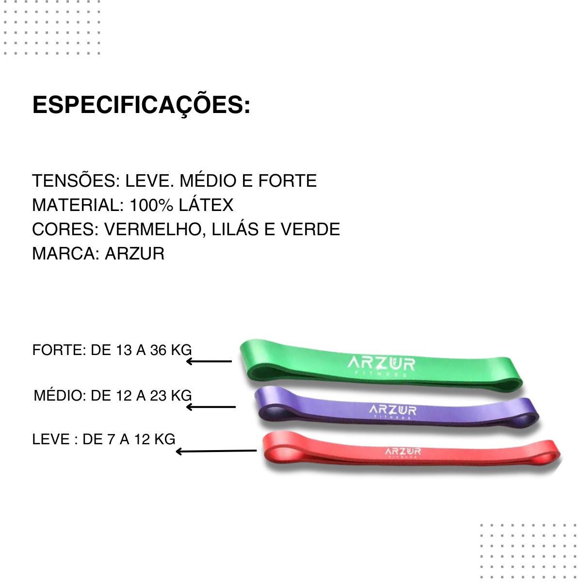 Kit 3 Super Mini Bands Tensão Leve, Médio e Forte Arzur Fitness