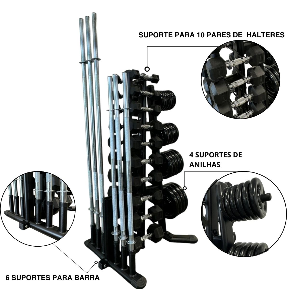 Suporte de Anilhas, Barras e Halter Vertical Standard 3 em 1