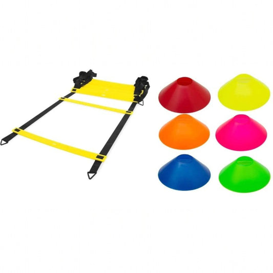 Kit Escada de Agilidade Amarela 4,5 Metros 10 Degraus + 20 Cones Chapéus Chinês