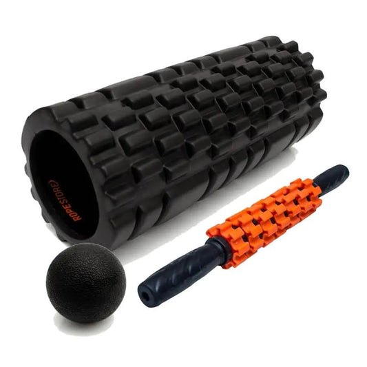 Kit miofacial Rolo de Massagem, Bastão Laranja e Lacrosse Ball